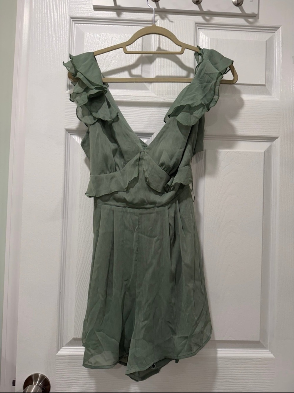 Francesca's Collections Sage Green Ruffle V-Neck Romper